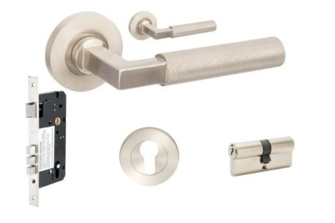 Product image of the Zurich Brushed Nickel Door Handle Entry Door Set 1 on a white background.