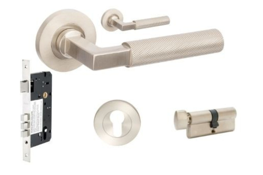 Product image of the Zurich Brushed Nickel Door Handle Entry Door Set 2 on a white background.