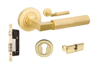 Product image of the Zurich Satin Brass Door Handle Entry Door Set 2 on a white background.