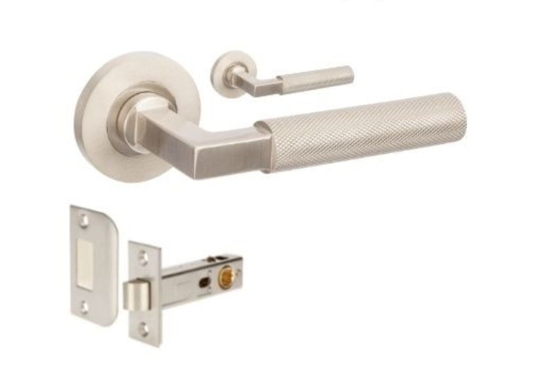 Product image of the Zurich Brushed Nickel Door Handle Passage Set on a white background.