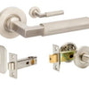 Product image of the Zurich Brushed Nickel Door Handle Privacy Set on a white background.