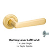 Product image of the Vienna Satin Brass Door Handle Dummy Lever Left Hand on a white background. There is text mentioning there is 1 x 9350 Lever Single and a taylor spindle for this product.