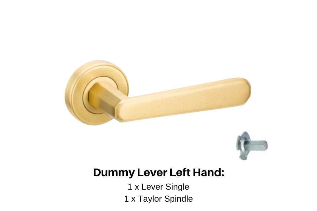 Product image of the Vienna Satin Brass Door Handle Dummy Lever Left Hand on a white background. There is text mentioning there is 1 x 9350 Lever Single and a taylor spindle for this product.