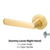 Product image of the Vienna Satin Brass Door Handle Dummy Lever Right Hand on a white background. There is text mentioning there is 1 x 9350 Lever Single and a taylor spindle for this product.