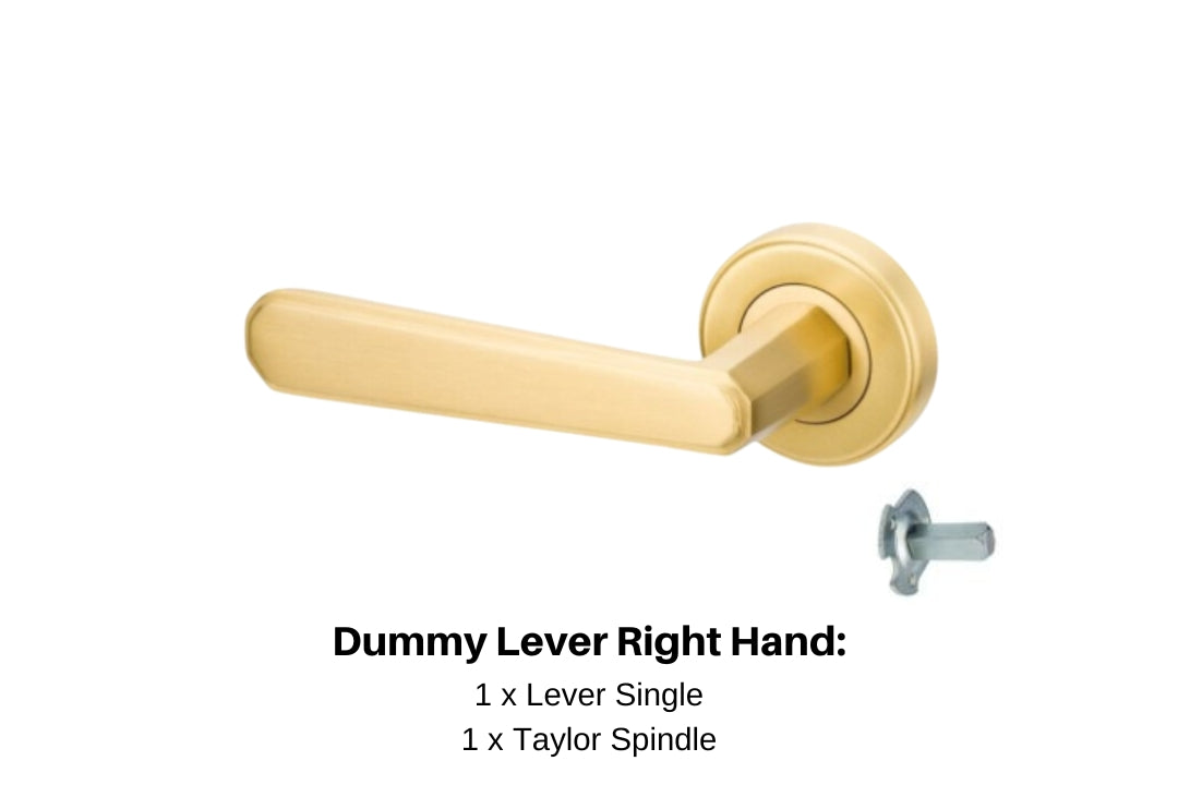 Product image of the Vienna Satin Brass Door Handle Dummy Lever Right Hand on a white background. There is text mentioning there is 1 x 9350 Lever Single and a taylor spindle for this product.