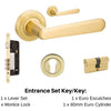 Product image of the Vienna Satin Brass Door Handle Entrance Set Option 1 on a white background. There is text mentioning there is 1 x 9350 Lever Set, 1 x Mortice Lock, 1 x Euro Escutcheon pair and 1 x 60mm Euro Cylinder key/key for this product.