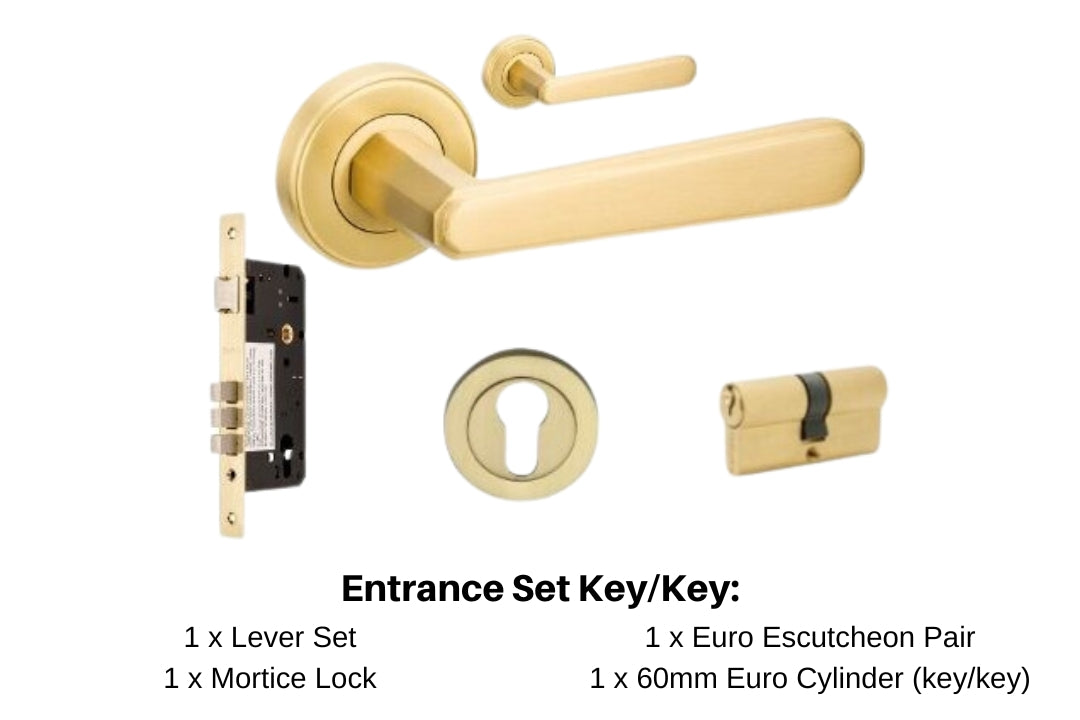 Product image of the Vienna Satin Brass Door Handle Entrance Set Option 1 on a white background. There is text mentioning there is 1 x 9350 Lever Set, 1 x Mortice Lock, 1 x Euro Escutcheon pair and 1 x 60mm Euro Cylinder key/key for this product.