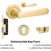 Product image of the Vienna Satin Brass Door Handle Entrance Set Option 2 on a white background. There is text mentioning there is 1 x 9350 Lever Set, 1 x Mortice Lock, 1 x Euro Escutcheon pair and 1 x 60mm Euro Cylinder key/turn for this product.
