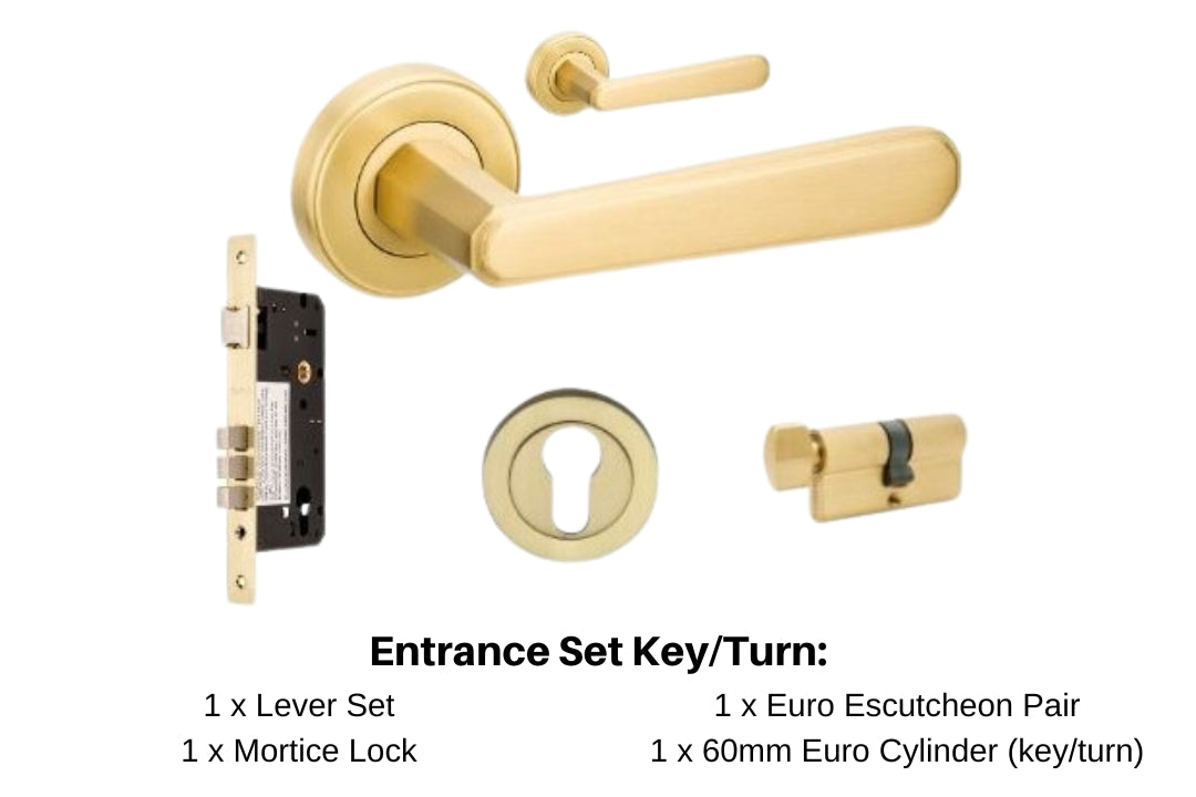 Product image of the Vienna Satin Brass Door Handle Entrance Set Option 2 on a white background. There is text mentioning there is 1 x 9350 Lever Set, 1 x Mortice Lock, 1 x Euro Escutcheon pair and 1 x 60mm Euro Cylinder key/turn for this product.