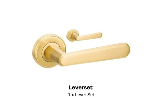 Product image of the Vienna Satin Brass Door Handle Set on a white background. There is text mentioning there is 1 x 9350 Lever Set for this product.