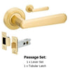 Product image of the Vienna Satin Brass Door Handle Passage Set on a white background. There is text mentioning there is 1 x 9350 Lever Set and 1 x Tubular Latch for this product.