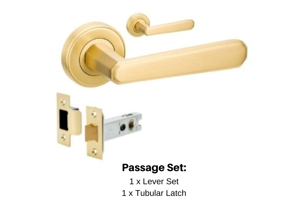 Product image of the Vienna Satin Brass Door Handle Passage Set on a white background. There is text mentioning there is 1 x 9350 Lever Set and 1 x Tubular Latch for this product.