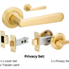 Product image of the Vienna Satin Brass Door Handle Privacy Set on a white background. There is text mentioning there is 1 x 9350 Lever Set, 1 x Tubular Latch and 1 x Privacy Kit for this product.