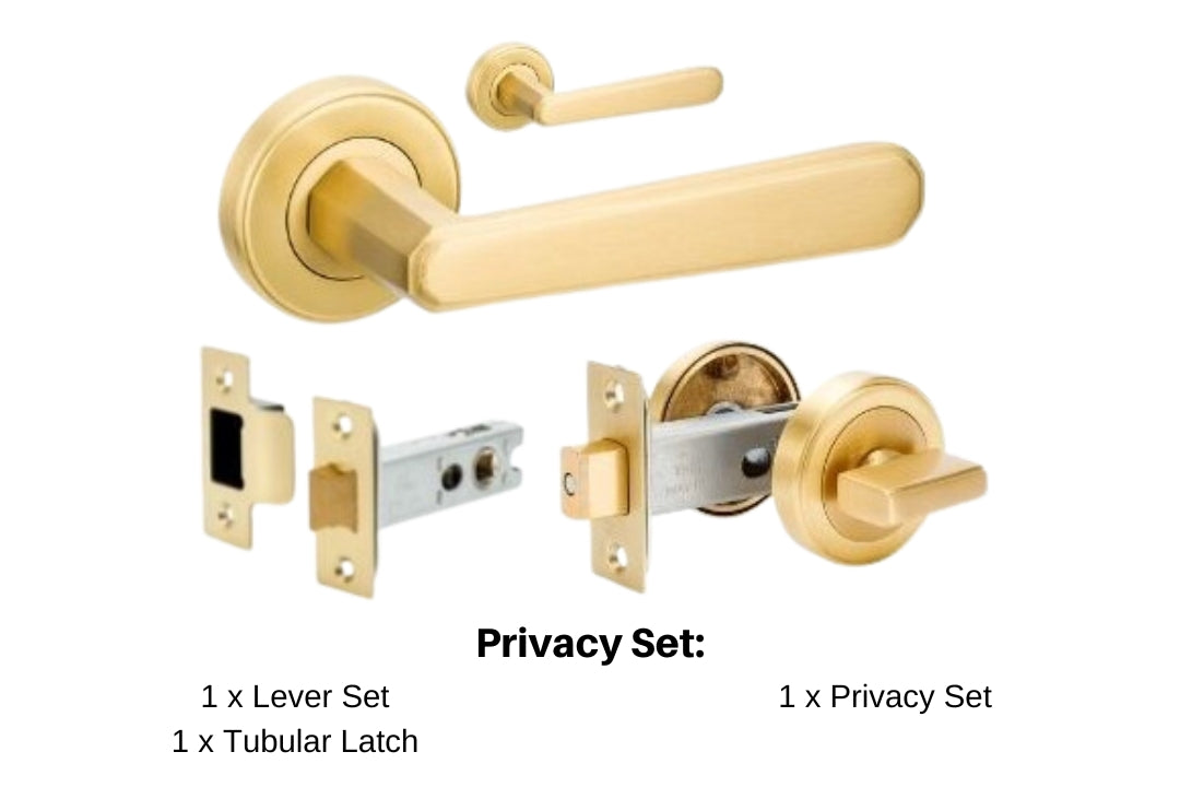 Product image of the Vienna Satin Brass Door Handle Privacy Set on a white background. There is text mentioning there is 1 x 9350 Lever Set, 1 x Tubular Latch and 1 x Privacy Kit for this product.