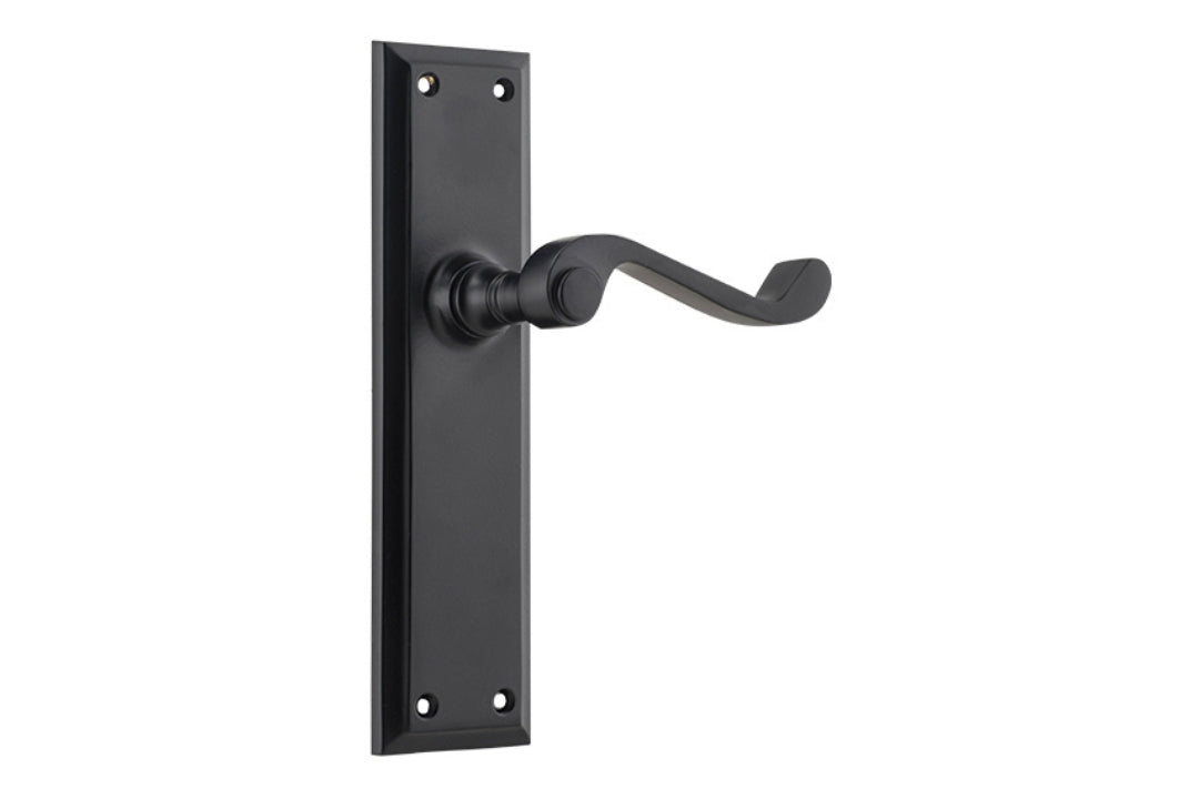 Product image of the Architectural Choice Milton Lever Latch Matt Black 200x50 on a white background.