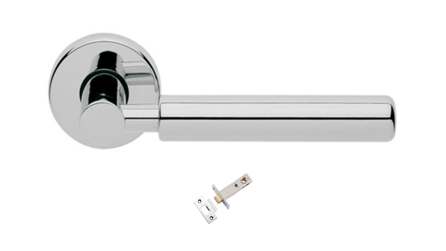 Product picture of the Amletto Polished Chrome Door Handle with separate tubular latch on a white background.
