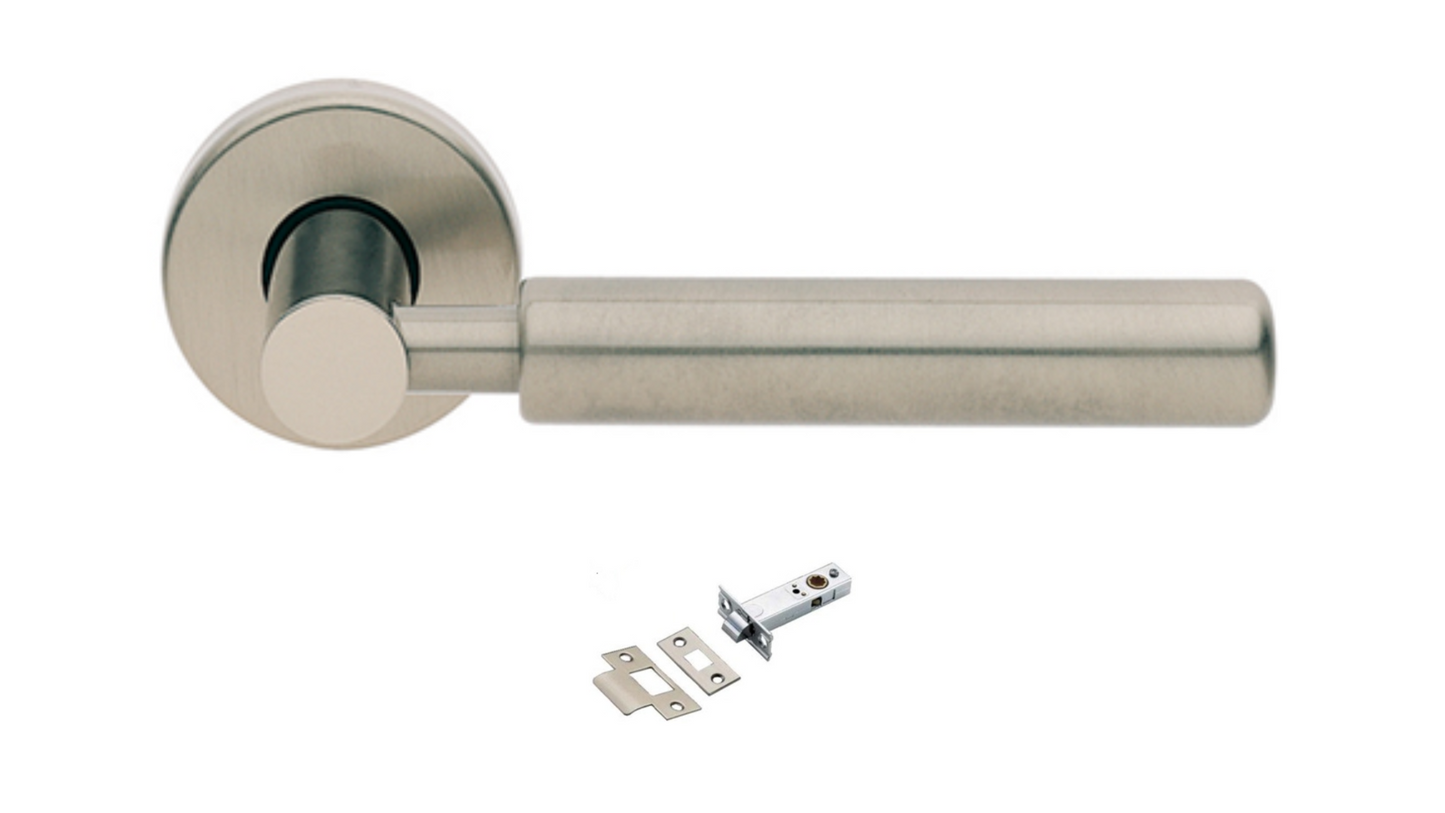 Product picture of the Amletto Satin Nickel Door Handle with separate tubular latch on a white background.