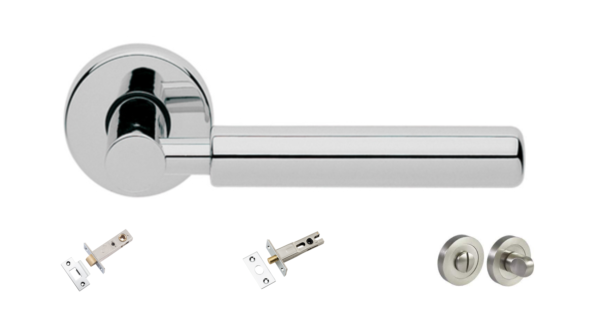 Product picture of the Amletto Polished Chrome Door Handle with accessories tubular latch, privacy turn and release, and a privacy bolt on a white background.