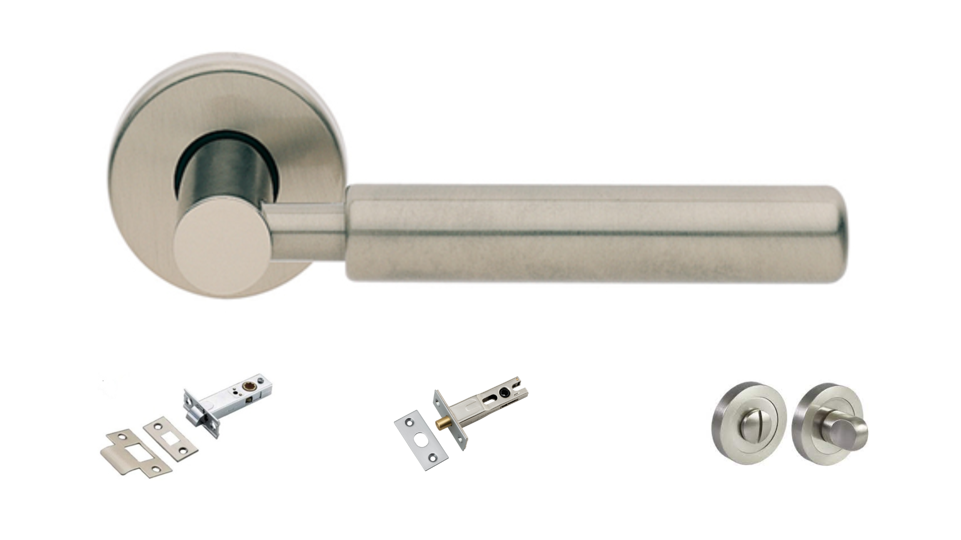 Product picture of the Amletto Satin Nickel Door Handle with accessories tubular latch, privacy turn and release, and a privacy bolt on a white background.