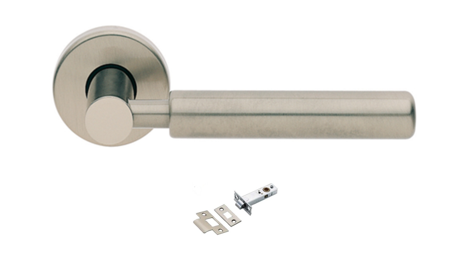 Product picture of the Amletto Satin Nickel Door Handle with separate privacy tubular latch on a white background.