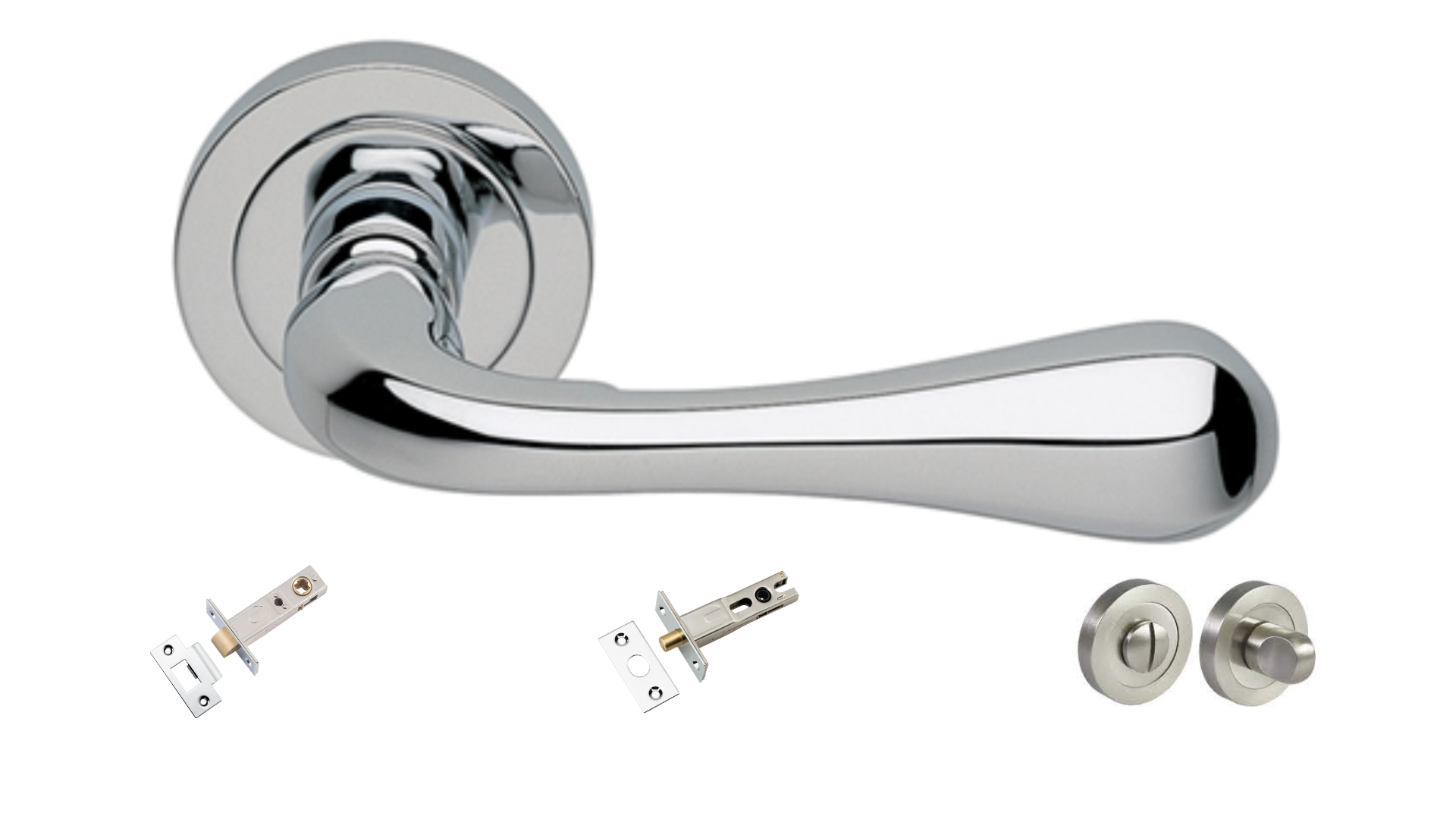 Product picture of the Astro Polished Chrome Door Handle with accessories tubular latch, privacy turn and release, and a privacy bolt on a white background.