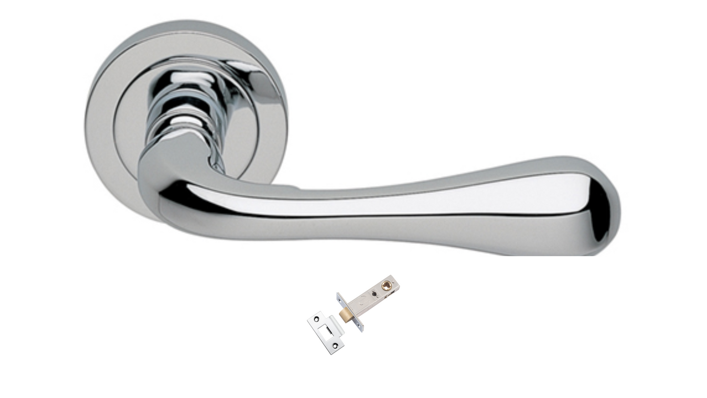Product picture of the Astro Polished Chrome Door Handle with separate privacy tubular latch on a white background.