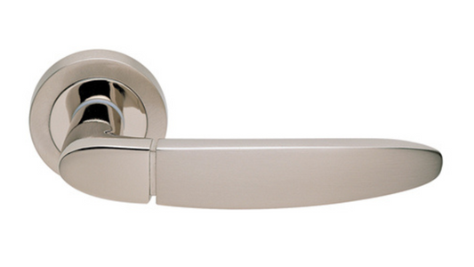 The Atena door handle in Satin Nickel and Nickel Plate on a white background.