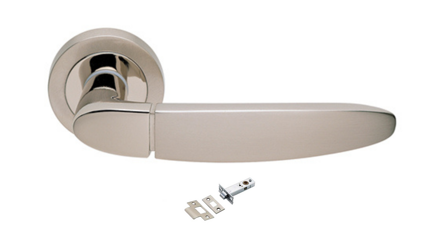 The Atena door handle in Satin Nickel and Nickel Plate with passage latch included on a white background.