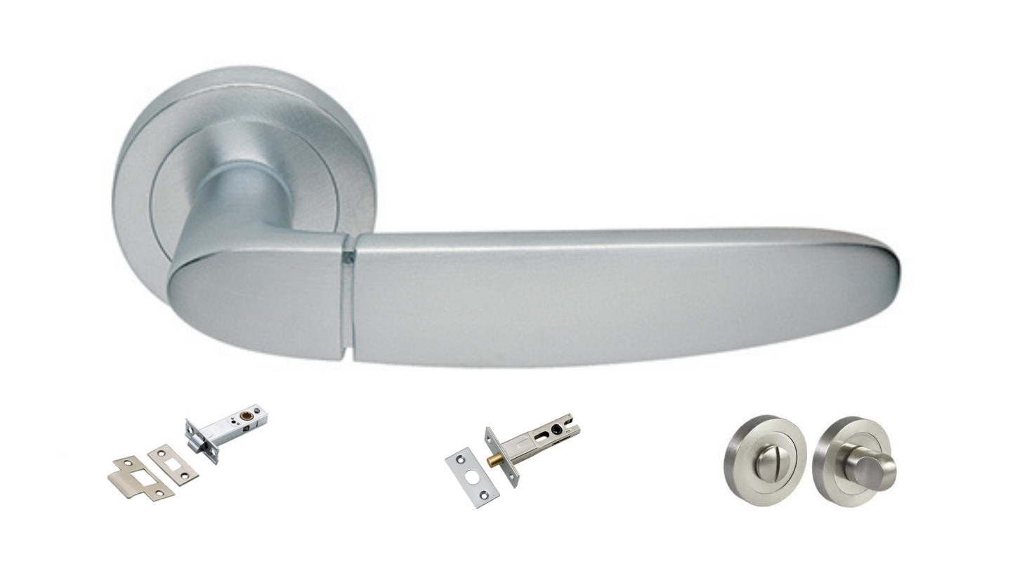 The Atena door handle in Satin Chrome with passage latch, privacy bolt and privacy turn set included on a white background.