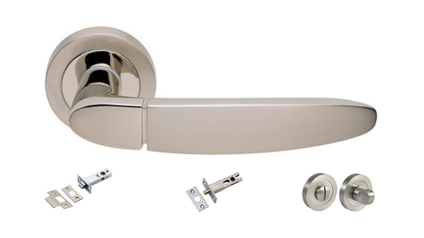 The Atena door handle in Satin Nickel and Nickel Plate with passage latch, privacy bolt and privacy turn set included on a white background.