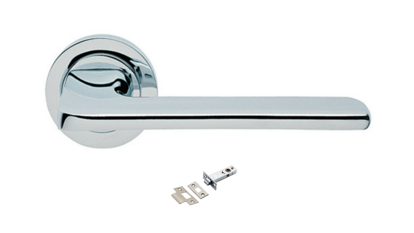 The Blade door handle in polished chrome with a tubular latch underneath on a white background.