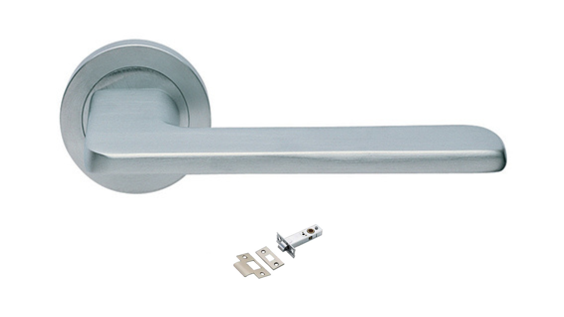 The Blade door handle in satin chrome with a tubular latch underneath on a white background.