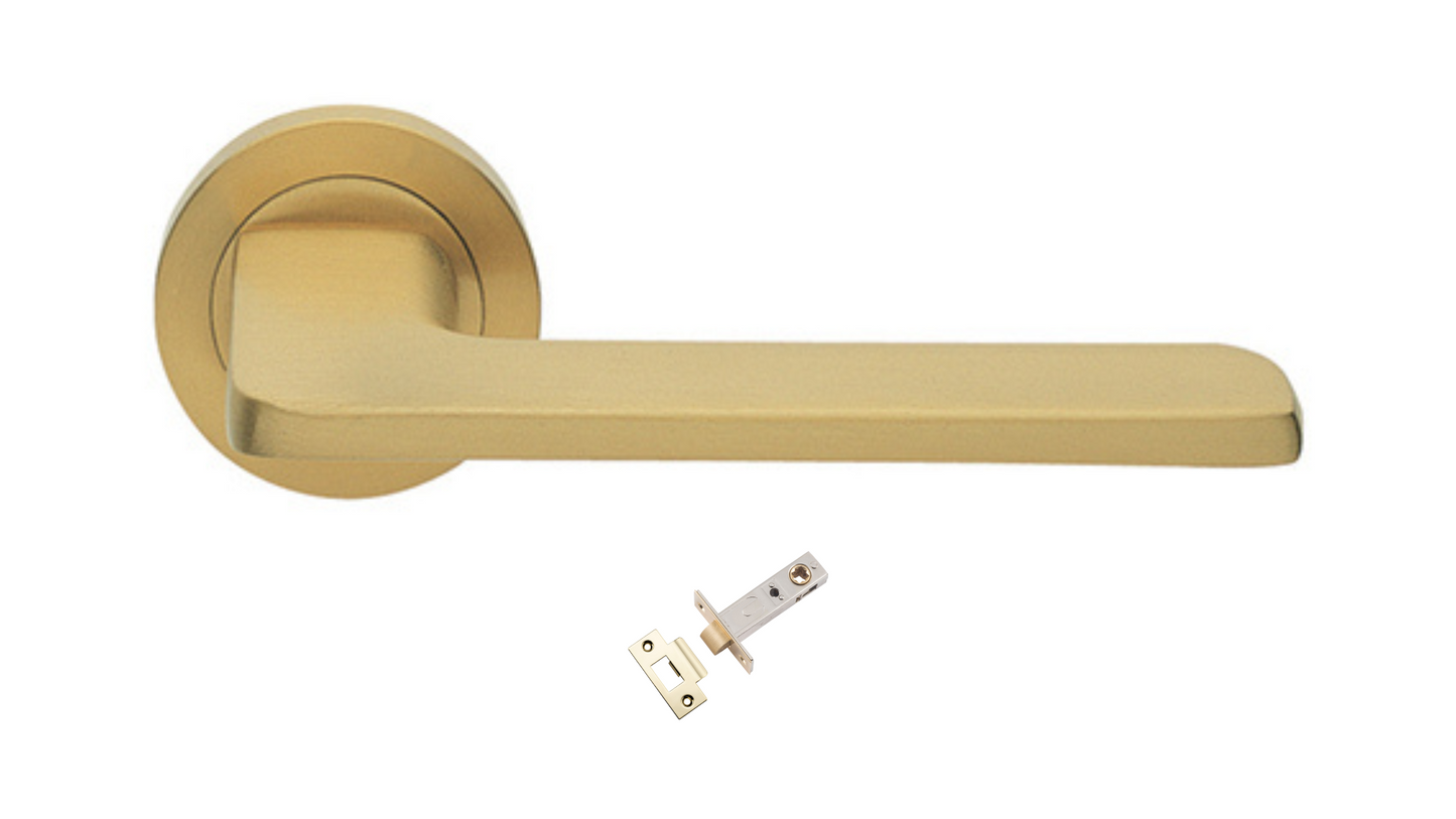 The Blade door handle in satin brass with a tubular latch underneath on a white background.