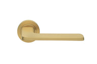 Product image of the Satin Brass Manital Blade Door Handle Lever Set on Round Rose.