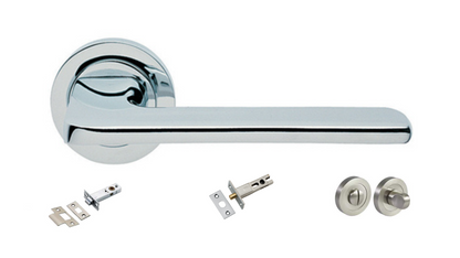 The Blade door handle in polished chrome chrome with a tubular latch, privacy bolt and privacy turn kit underneath on a white background.