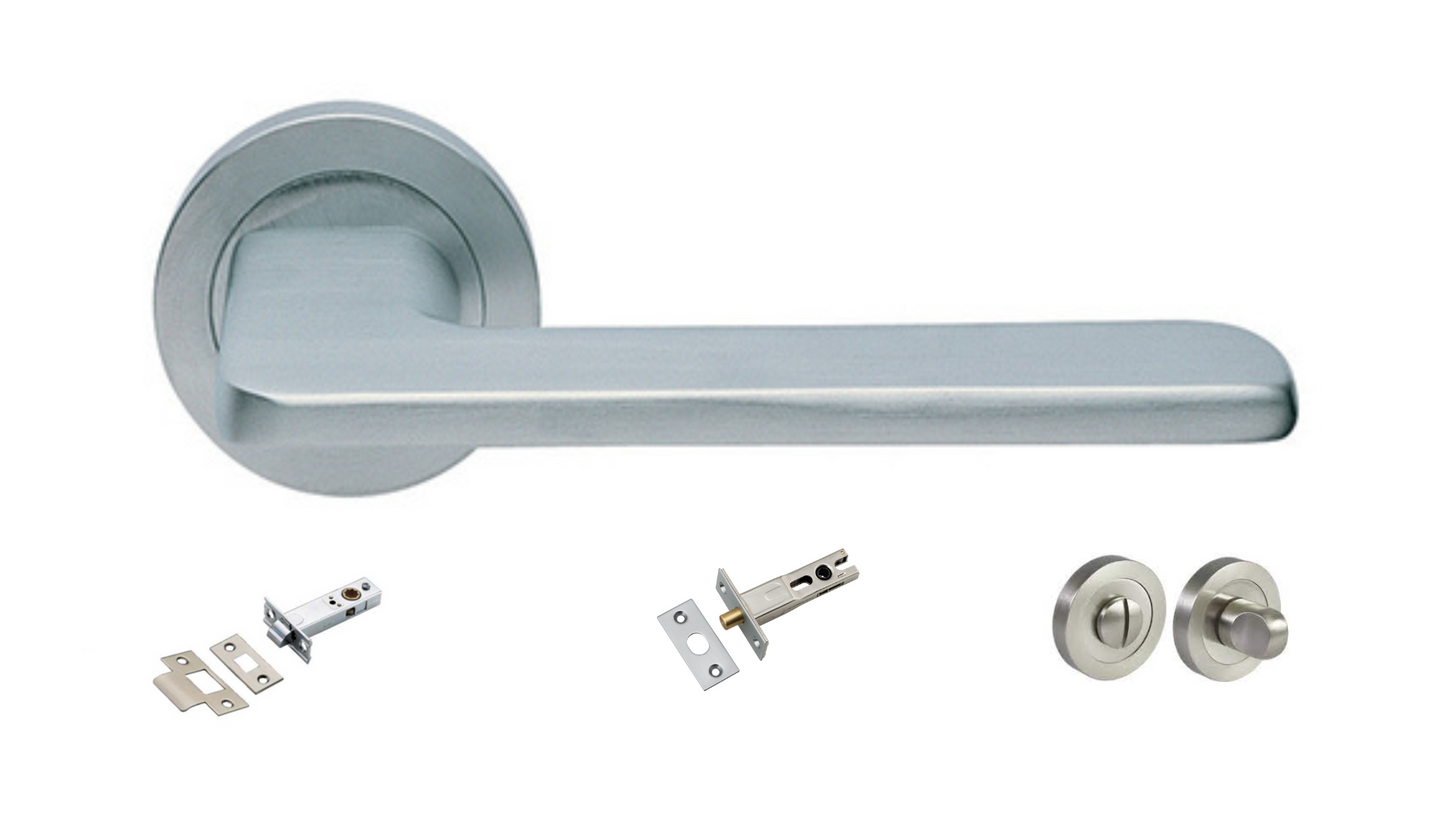The Blade door handle in satin chrome chrome with a tubular latch, privacy bolt and privacy turn kit underneath on a white background.
