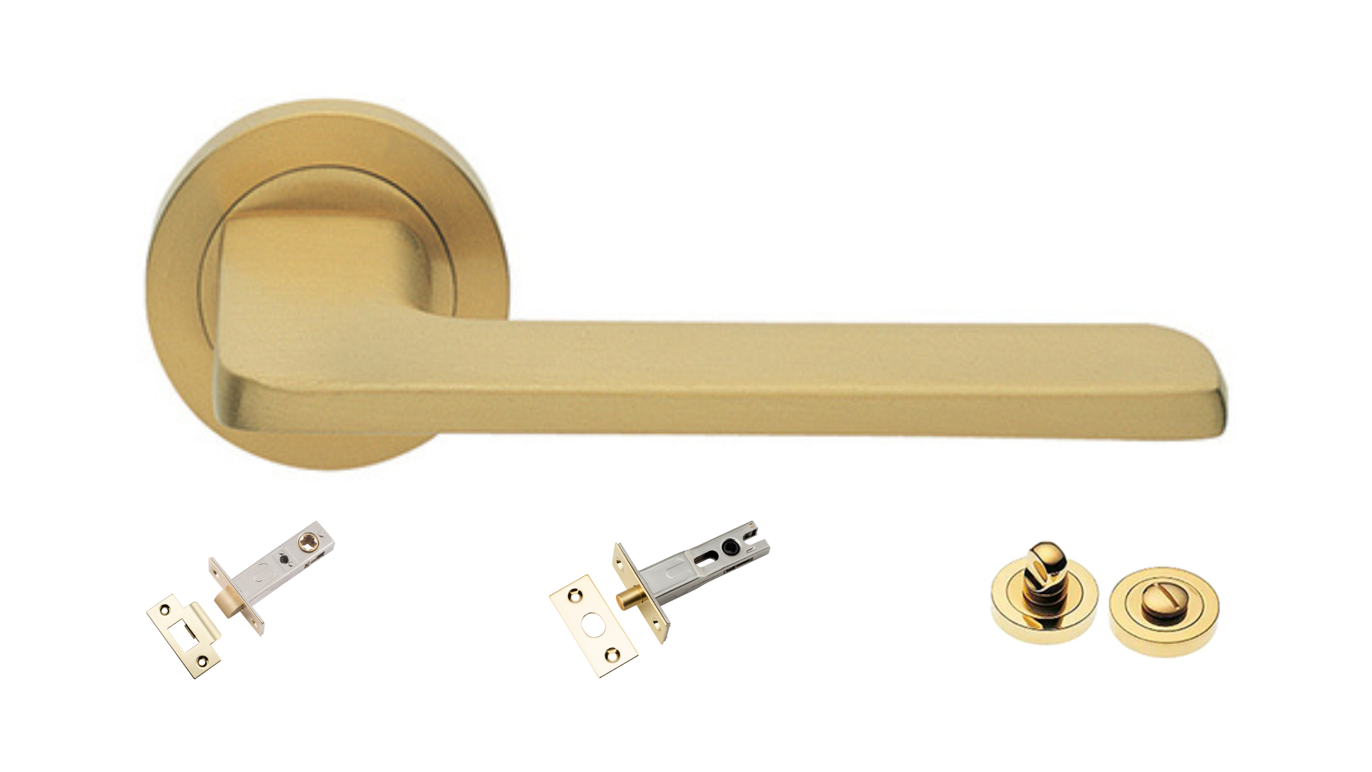 The Blade door handle in satin brass chrome with a tubular latch, privacy bolt and privacy turn kit underneath on a white background.