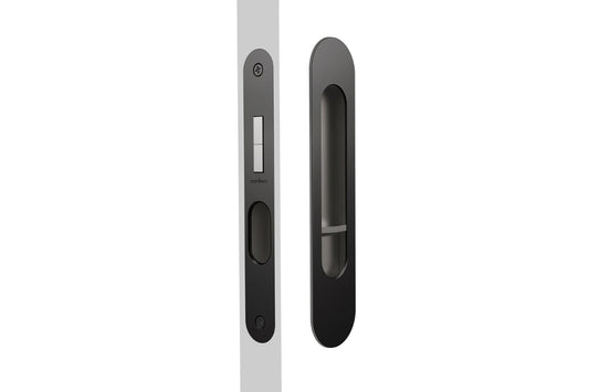 Image of the Matt Black Mardeco Radius Edge M Series Flush Pull Privacy Set on a white background.