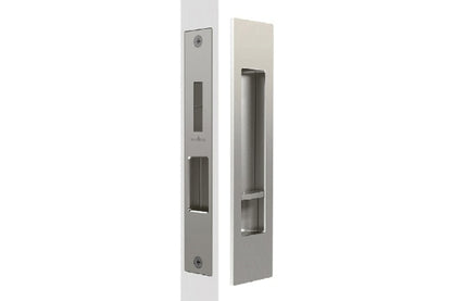 Product picture of the BN8004/SET Brushed Nickel Mardeco 'M' Series Cavity Sliding Door Set on a white background.