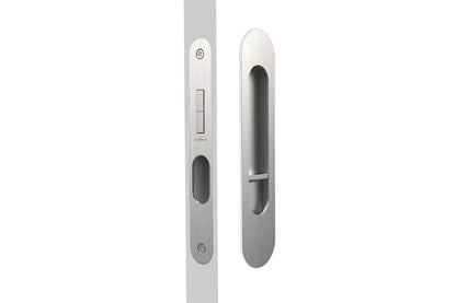Image of the Brushed Nickel Mardeco Radius Edge M Series Flush Pull Privacy Set on a white background.
