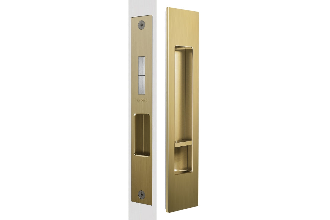 Product picture of the BRS8004/SET Satin Brass Mardeco 'M' Series Cavity Sliding Door Set on a white background.