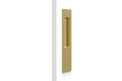 Product image of the BRS8102 Satin Brass Mardeco Flush Pull Single Longplate on a white background.