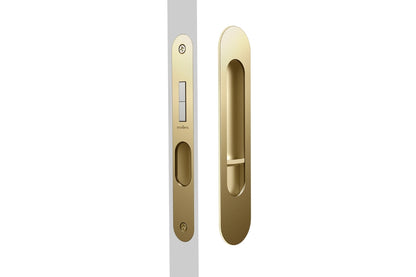 Image of the Satin Brass Mardeco Radius Edge M Series Flush Pull Privacy Set on a white background.
