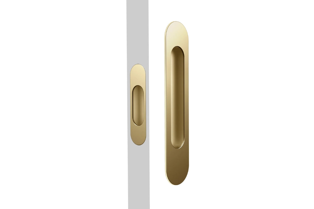 Product picture of the Satin Brass Mardeco Radius Edge M Series Flush Pull Passage Set.