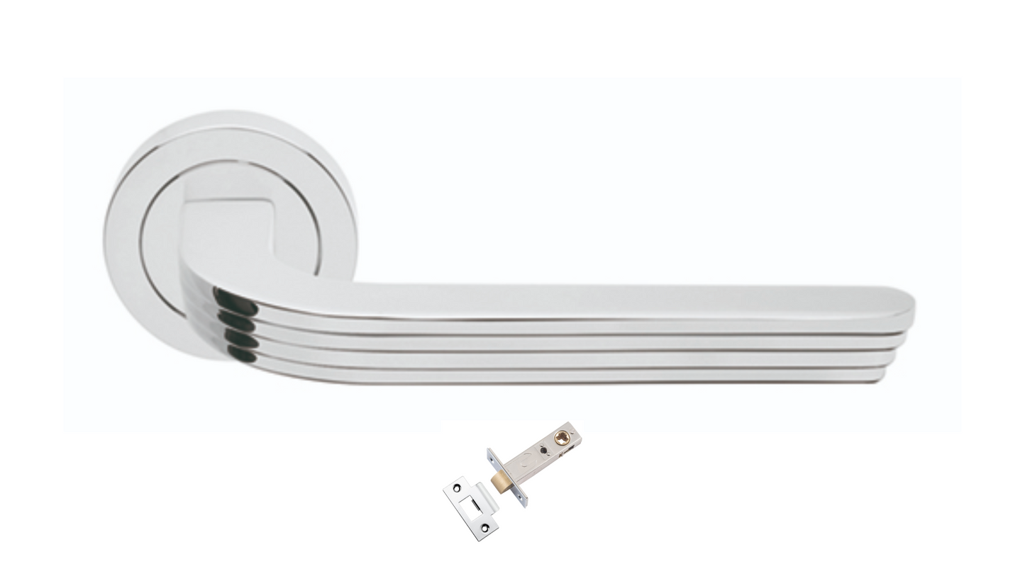 The Cloud door handle in polished chrome with a tubular latch underneath on a white background.