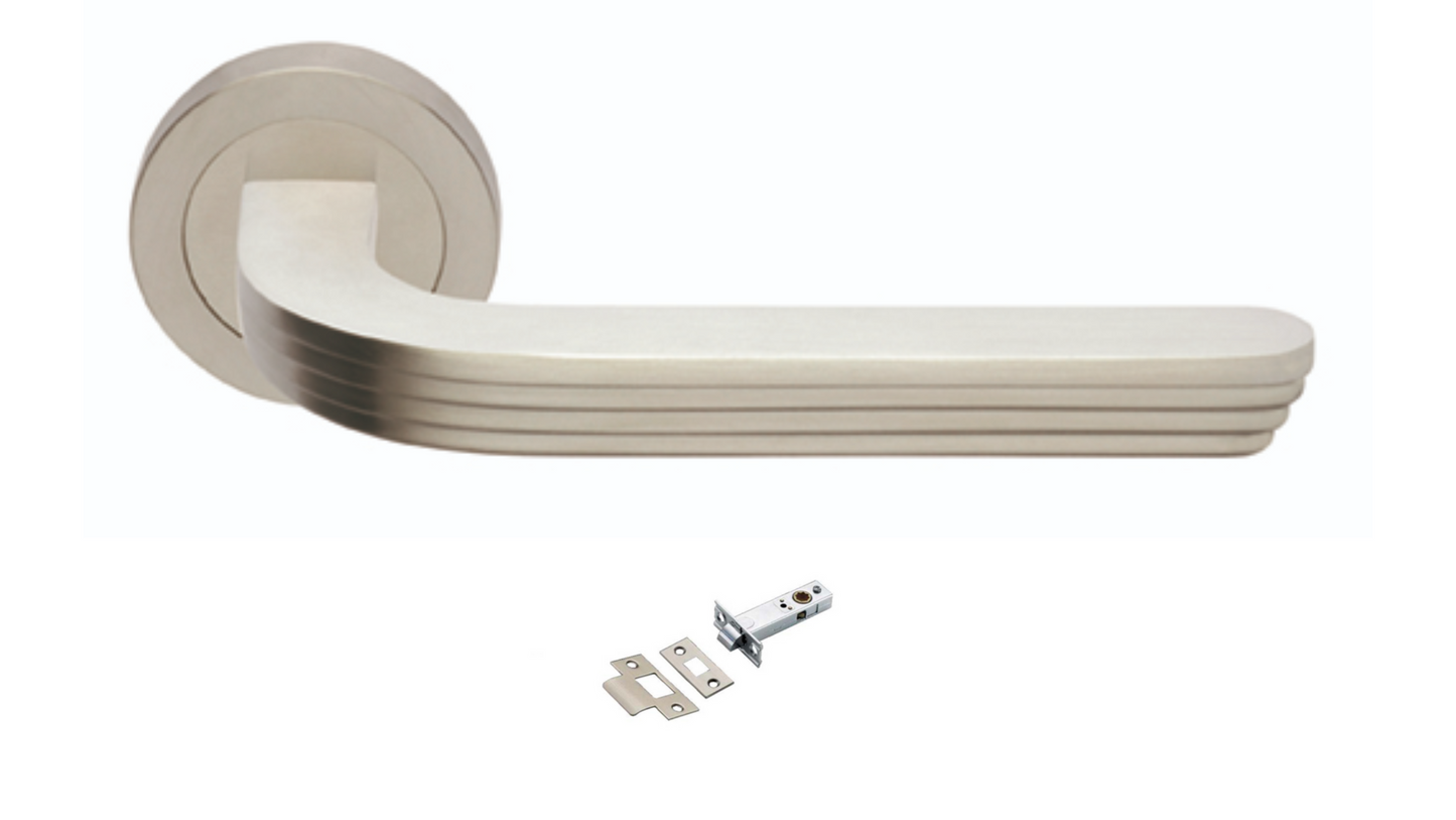 The Cloud door handle in satin nickel with a tubular latch underneath on a white background.