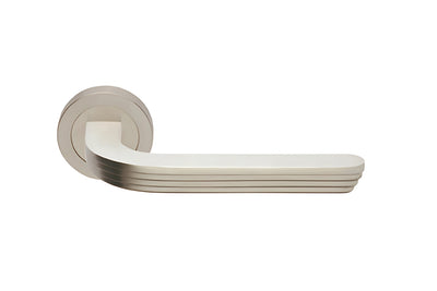 Product picture of the Manital Cloud Door Handle Lever Set on Round Rose Satin Nickel on a white background.