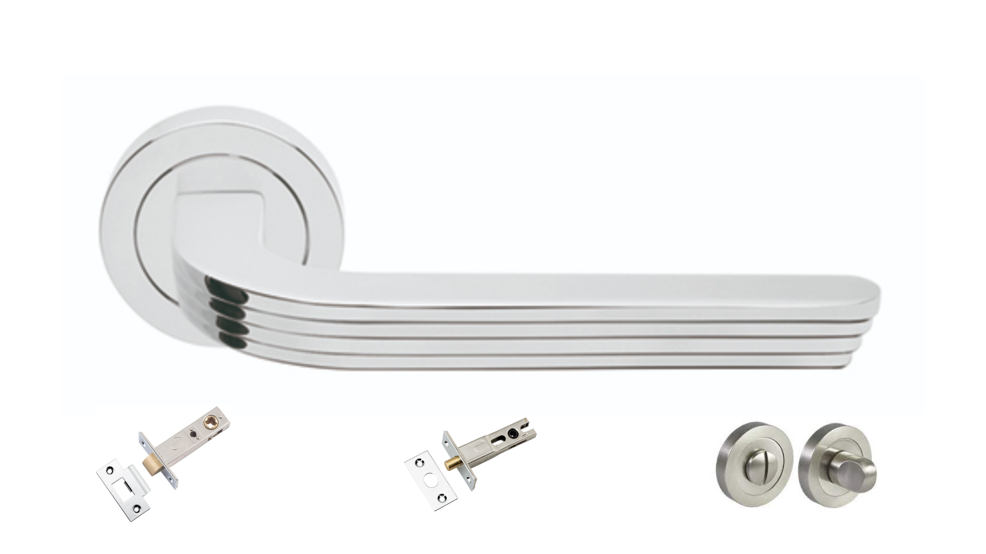 The Cloud door handle in polished chrome with a tubular latch, privacy bolt and privacy turn kit underneath on a white background.