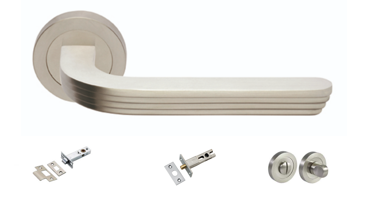The Cloud door handle in satin nickel chrome with a tubular latch, privacy bolt and privacy turn kit underneath on a white background.
