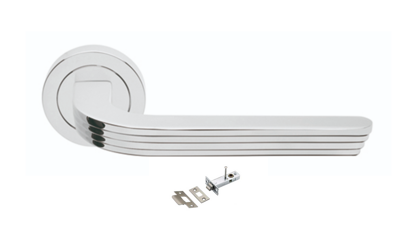 The Cloud door handle in polished chrome with a privacy latch underneath on a white background.